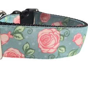 1.5" Wide Roses on Blue Nylon Dog Collar
