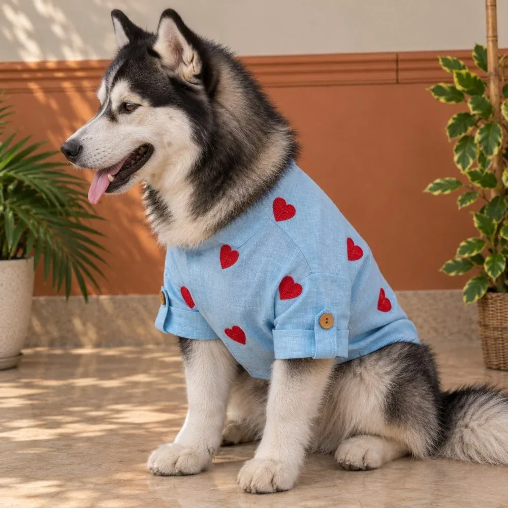 15 Furries Linen Heart Embroidered Kurta for Dogs (Baby Blue)