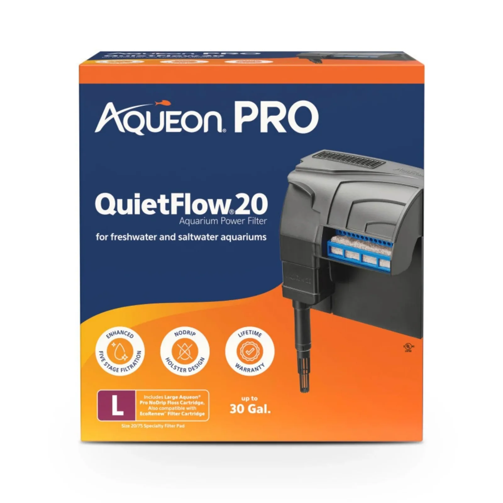 Aqueon PRO QuietFlow Aquarium Power Aquarium Filter Size 20, up to 30 gal