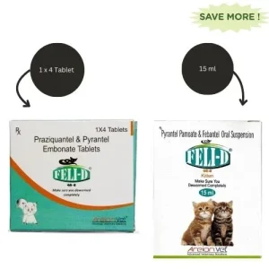 Areion Vet Feli D Kitten Deworming Suspension (15ml) and Feli D Deworming Tablets for Cats (4 tablets) Combo