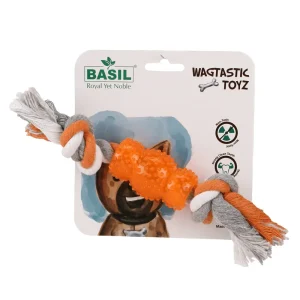 Basil Cotton Rope Rubber Chew Toy with Hard TPR Centre for Dogs (Orange)