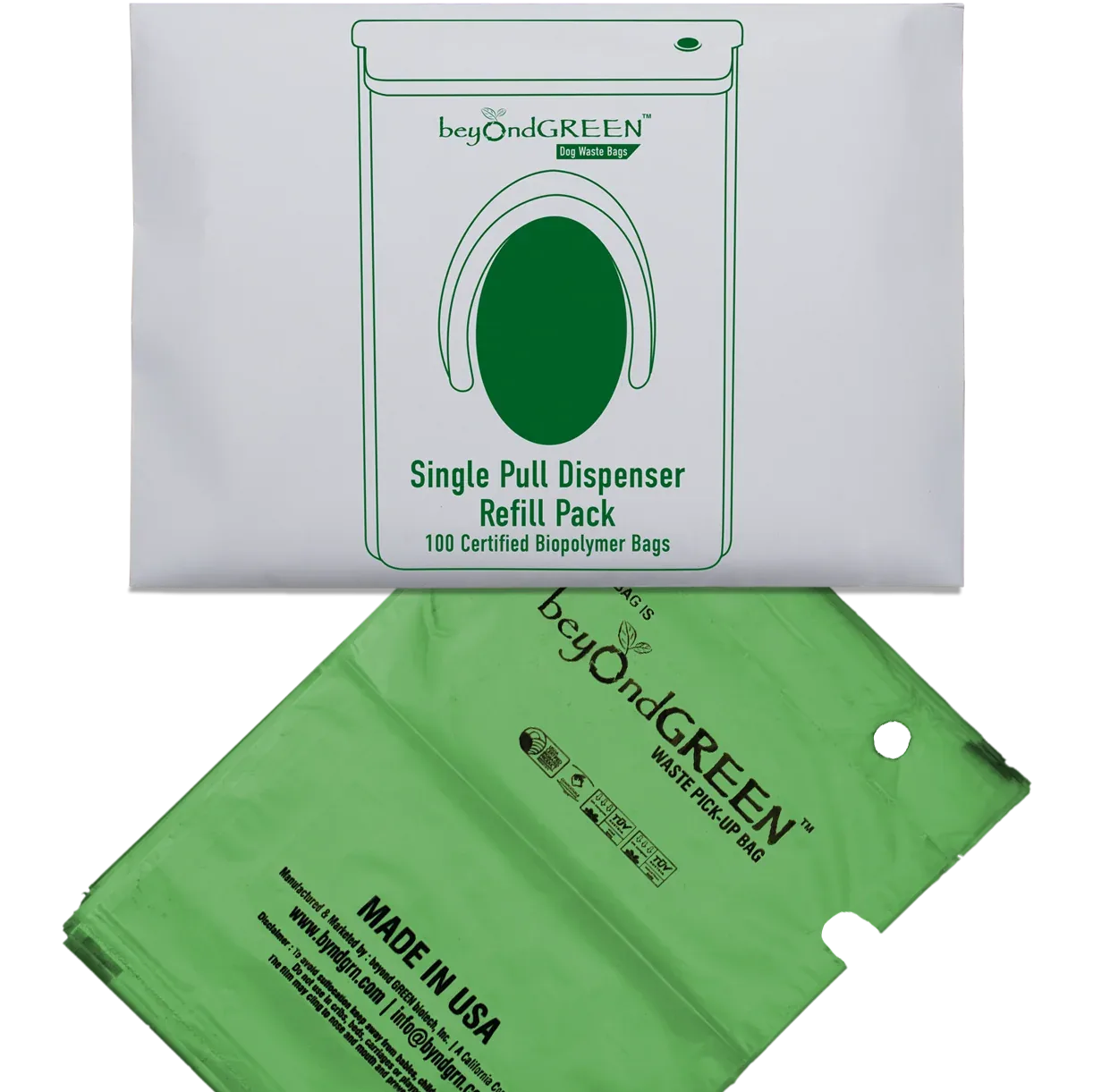 beyondGREEN Dog Waste Bags – Single-Pull Dispenser Refill Pack – Made in USA, Leak-Resistant, One-At-A-Time Dispensing (100 Bags per Pack)