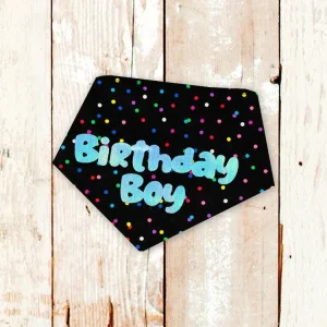 "Birthday Boy" Metallic Blue on Black Confetti Dog Bandana
