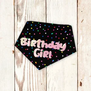 "Birthday Girl" Metallic Pink on Black Confetti Dog Bandana