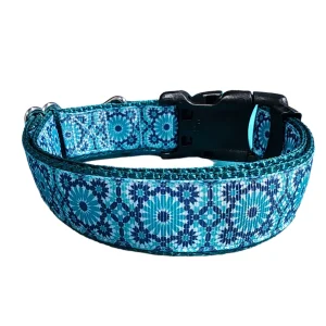 Blue Geometric Green Nylon Dog Collar MD, LG, XL, Leash