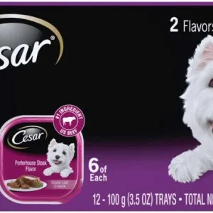 Cesar Classic Loaf in Sauce Adult Wet Dog Food Variety Pack (Filet Mignon, Porterhouse Steak) 42.3 oz 12 ct