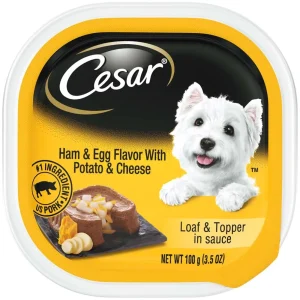 Cesar Loaf & Topper in Sauce Adult Wet Dog Food Ham & Egg with Potato & Cheese, 3.5 oz each, Case of 24