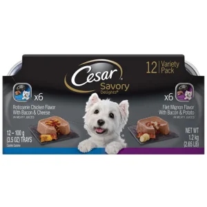 Cesar Loaf & Topper in Sauce Adult Wet Dog Food Variety Pack (Rotisserie Chicken, Filet Mignon) 3.5 oz 12 ct