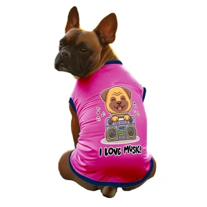 Cheeku I Love Music Graphic Cotton T Shirt for Dogs and Cats (Fuschia)