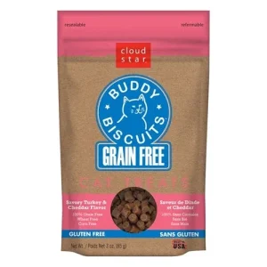 Cloud Star Grain-Free Buddy Biscuits With Savory Turkey and Cheddar Cat Treats, 3 oz. Bag