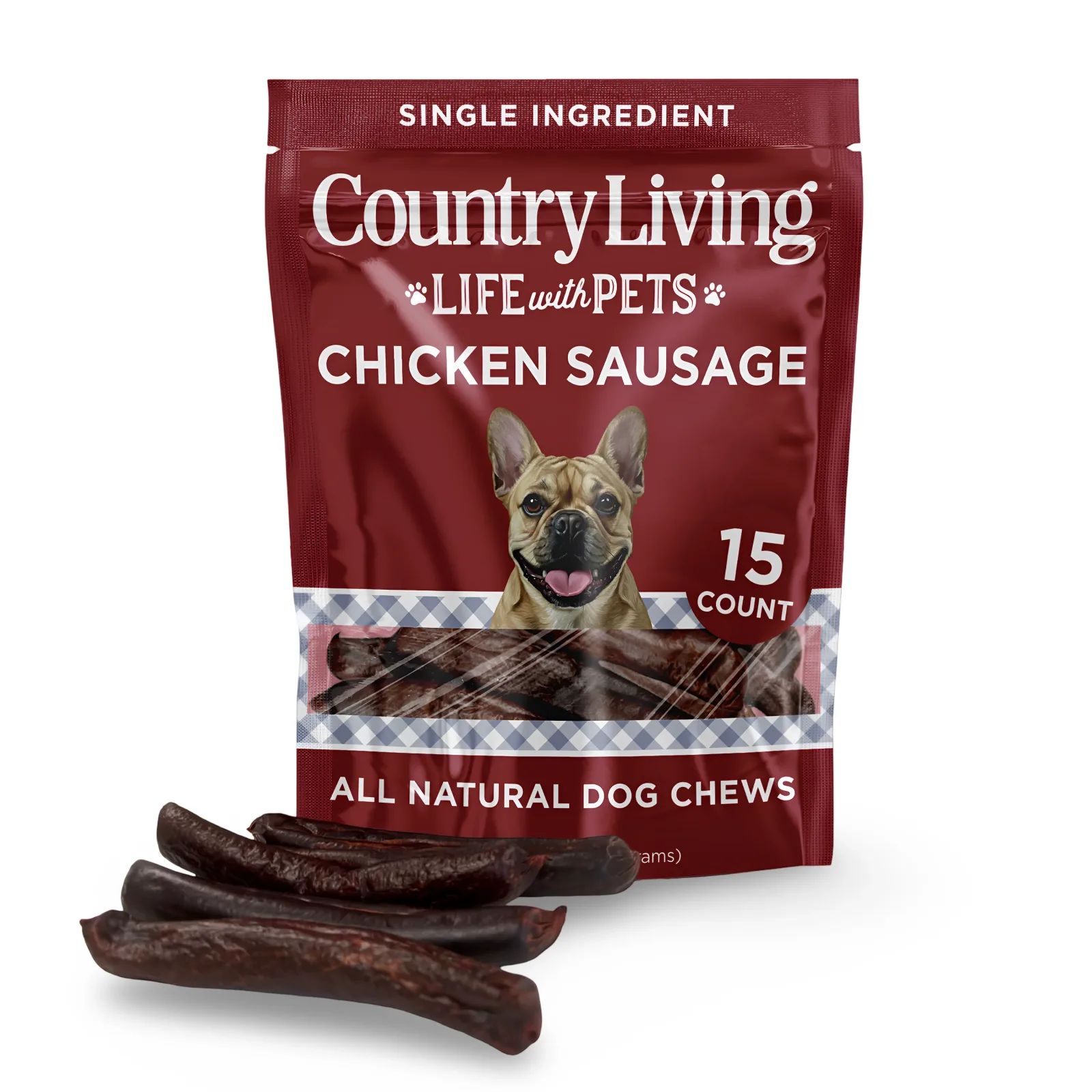 Country Living 4”-5” Beef Flavored Chicken Sausage Dog Treats – 15 Count Bag – Soft & Chewy, High-Protein Training & Reward Treats – Grain-Free, No Artificial Flavors or Preservatives
