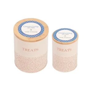 Country Living Dog Treat Canisters - Set of 2 Carbon Steel Jars with Bamboo Lids