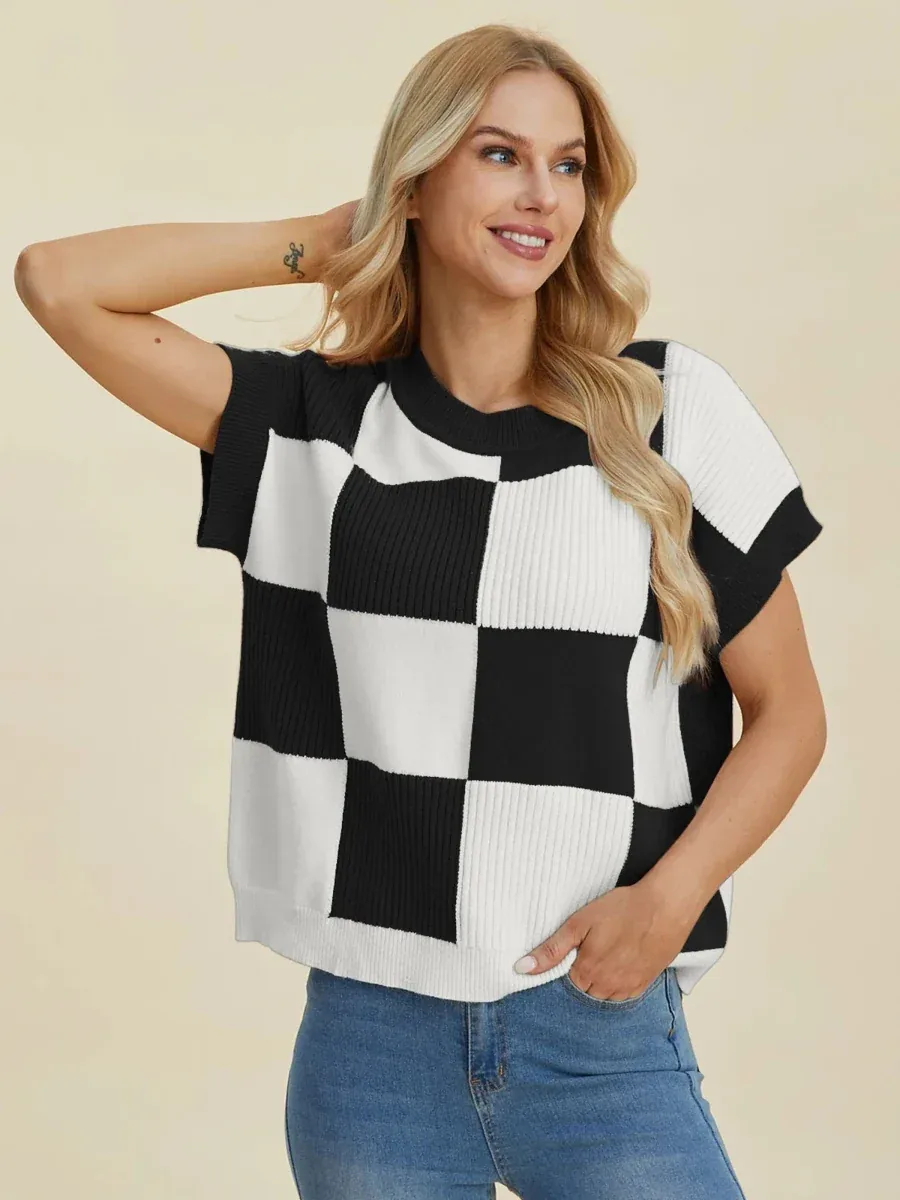 Double Take Full Size Checkered Round Neck Short Sleeve Sweater - Image 2