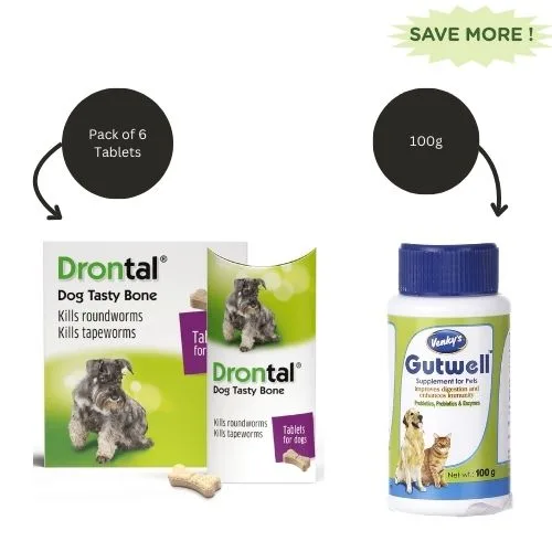Drontal Plus Tasty Dog Deworming Tablet (pack of 6 tablets) and Venkys Gutwell Pre & Probiotics Gut Health Powder (100g) for Dogs and Cats Combo