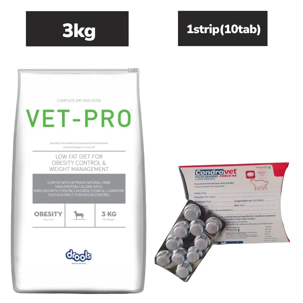 Drools VET PRO Obesity Adult Dog Dry Food (3kg) and Vivaldis Condrovet Large Joint Support tablet (10 tablets) Combo