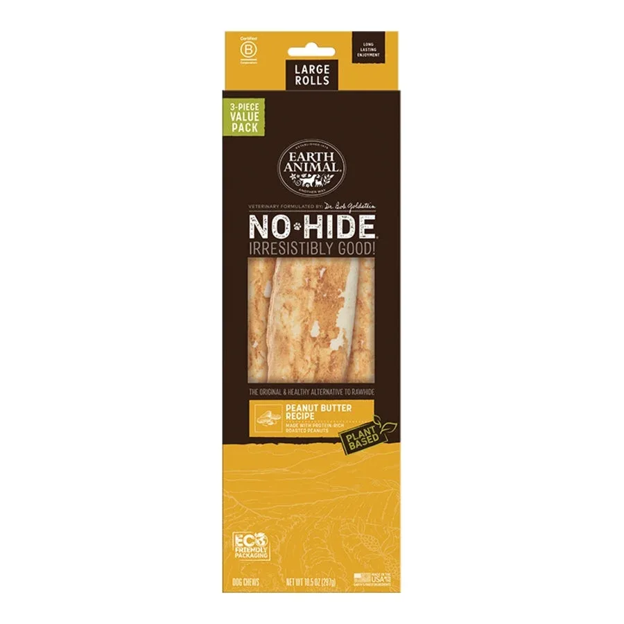 Earth Animal No-Hide Large Peanut Butter Rolls - Rawhide-Free, 3 ct