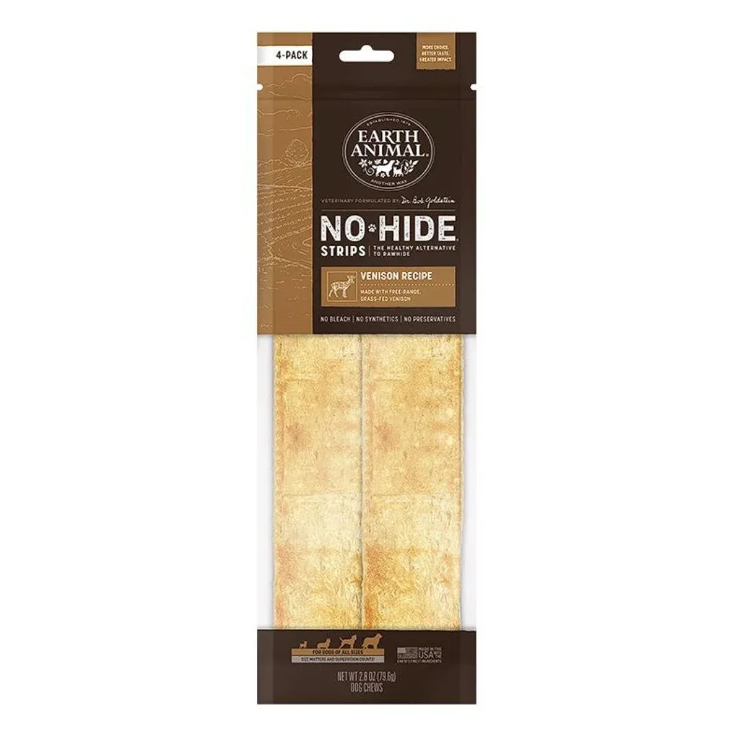 Earth Animal No-Hide - Long-Lasting Venison Dog Chew Strip, 4 ct
