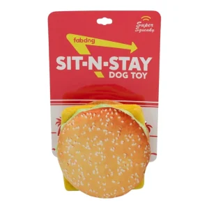 FabDog Sit N Stay Cheeseburger Plush Dog Toy - Novelty Squeaker, Small