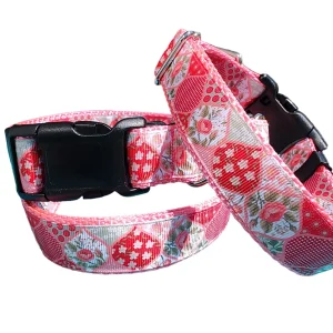 Flower Quilt Pink Nylon Dog Collar MD, LG, XL, Leash