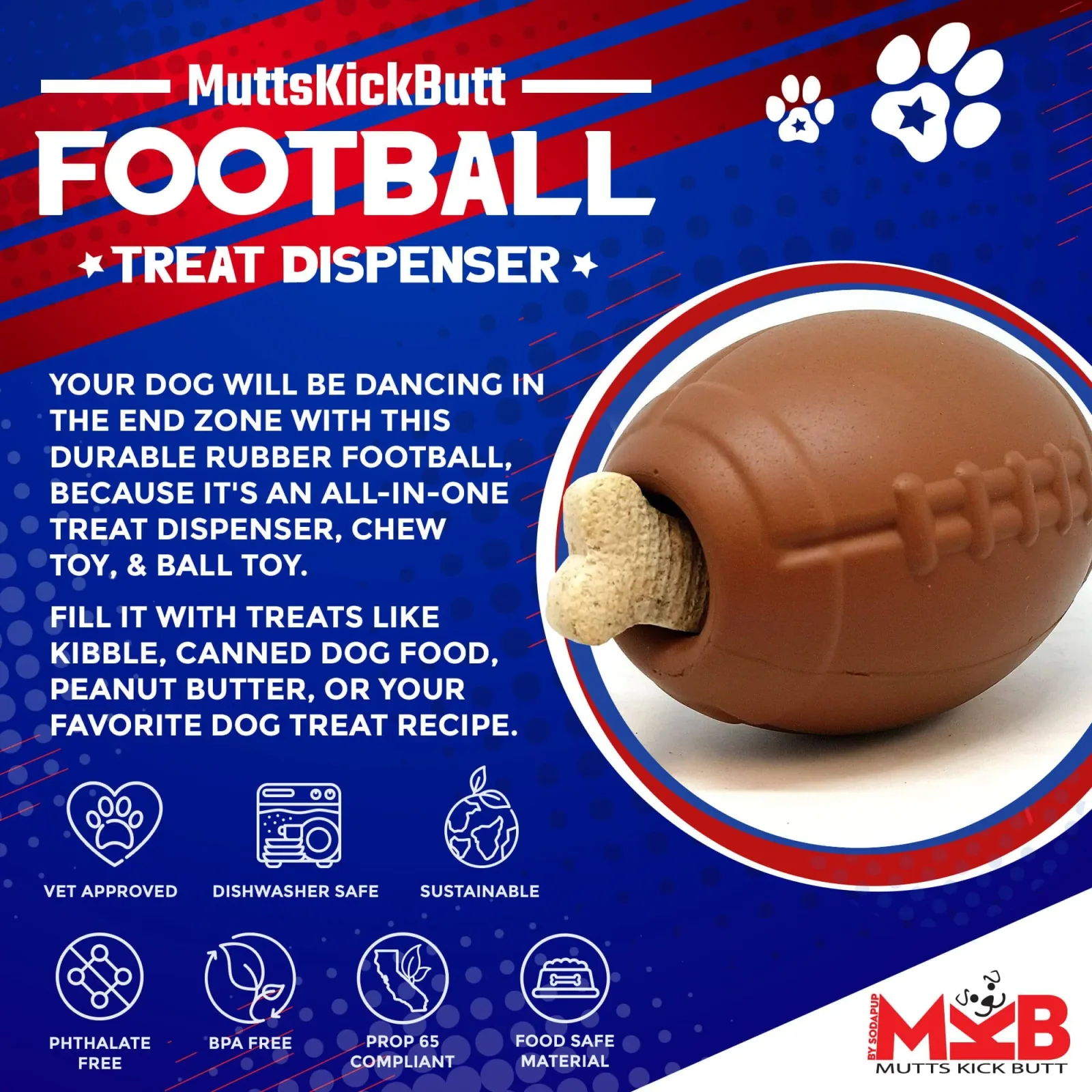 Football eDispenser Durable Rubber Chew Toy and Treat Dispenser - Image 2