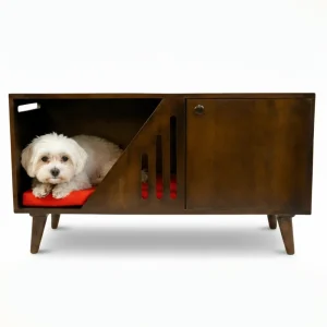 FurryLiving Benji Cabinet with Cushion for Small Dogs and Cats (Dark Brown/Red Cushion)
