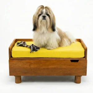 FurryLiving Hibachi Bed with Storage for Dogs (Honey/Yellow Cushion)