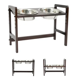 FurryLiving Linea Adjustable Elevated Raised Feeder with 2 Bowls for Dogs and Cats (Dark Brown)