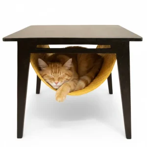 FurryLiving Lola Side Table with Perch Fabric for Cats (Dark Brown/Yellow)