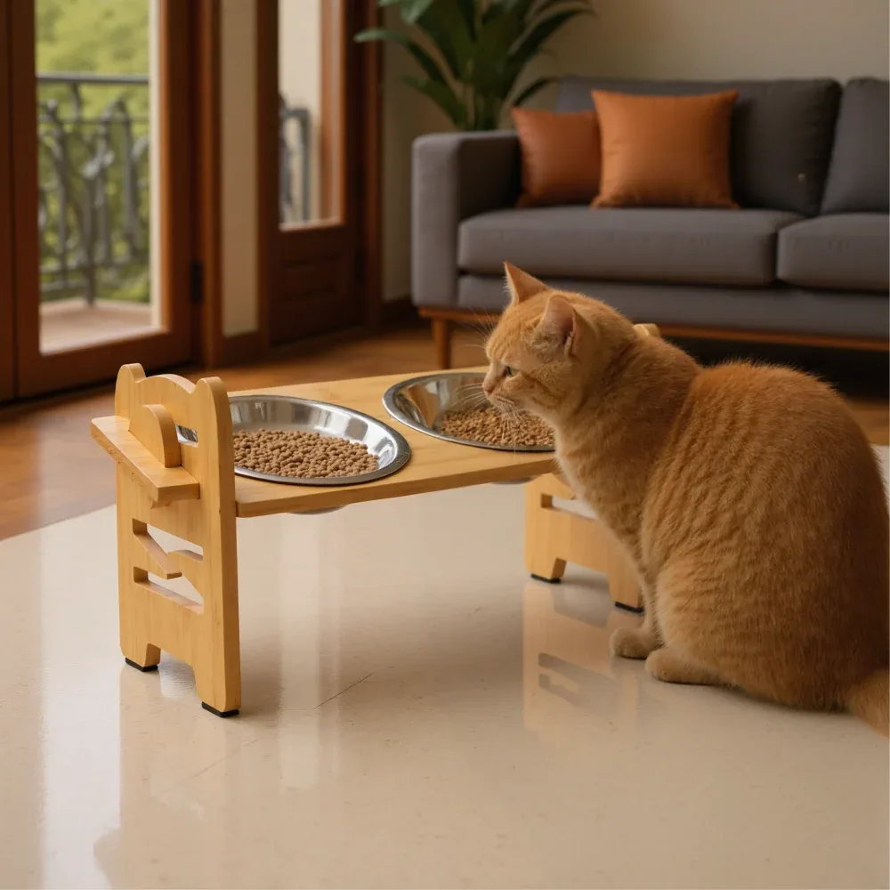 FurryLiving Modo Elevated Adjustable Bamboo Pet Feeder with 2 Bowls for Dogs and Cats - Image 2