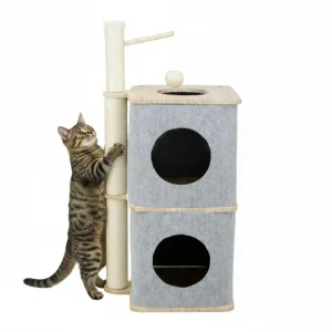 FurryLiving Nara Dual-Level Felt Condo with Scratch Pole & Hanging Toy Cat Tree