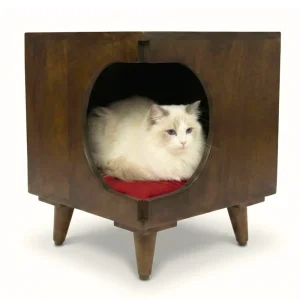 FurryLiving Wally Side Table with Cushion for Small Dogs and Cats (Dark Brown/Red Cushion)