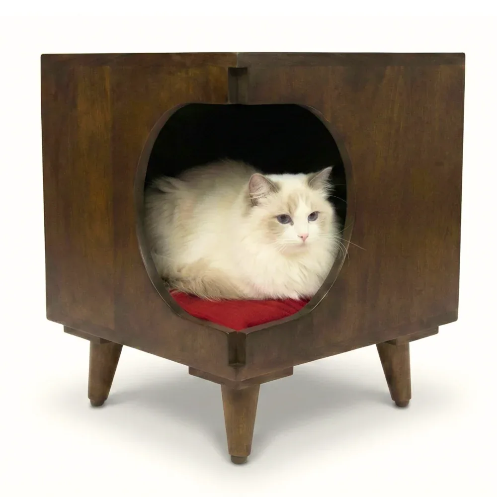 FurryLiving Wally Side Table with Cushion for Small Dogs and Cats (Dark Brown/Red Cushion)