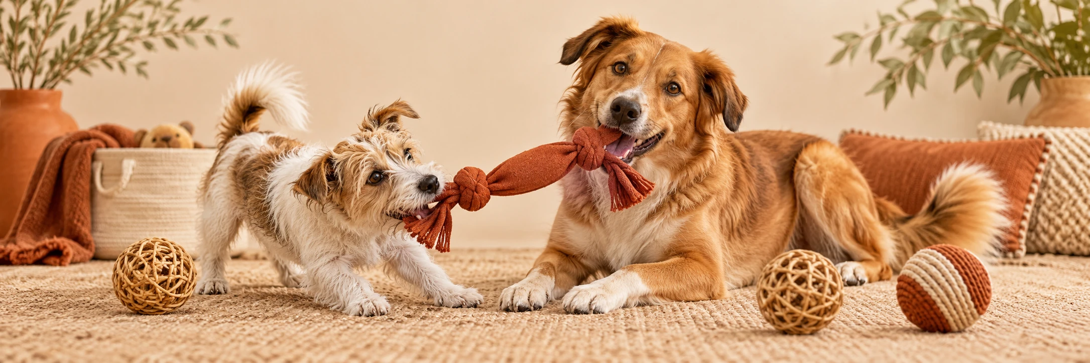 Two playful dogs with woven toys and a canvas basket in a warm studio setting.