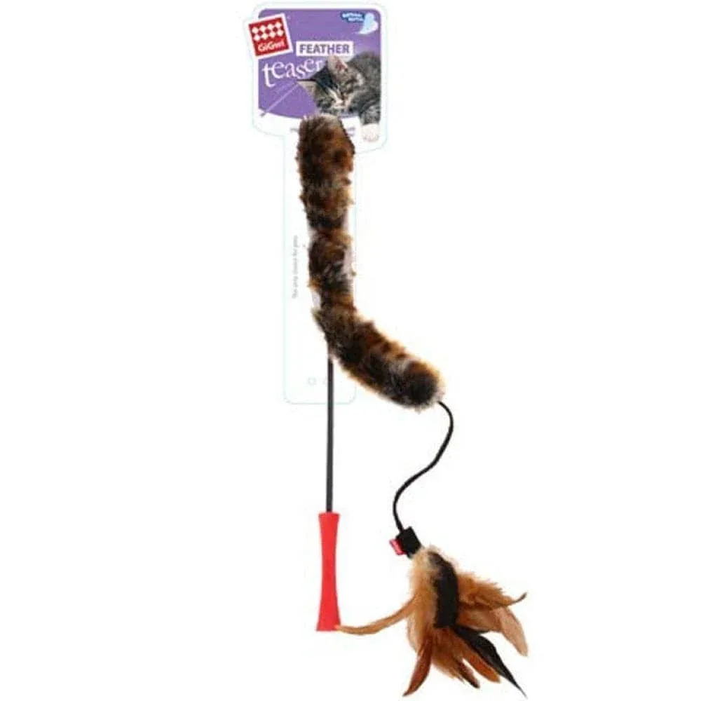 GiGwi Feather Teaser Catwand with Natural Feather Plush Tail Toy for Cats (Red/Natural) - Image 2