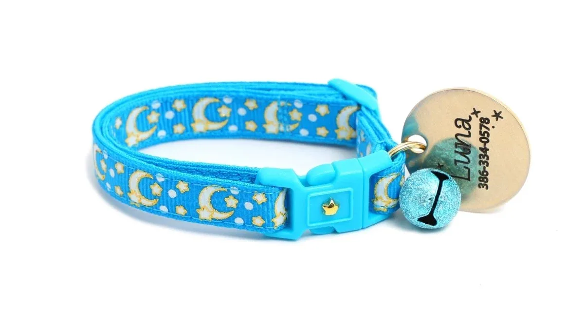 Gold Moons and Stars on Peacock Blue Cat Collar - Image 2