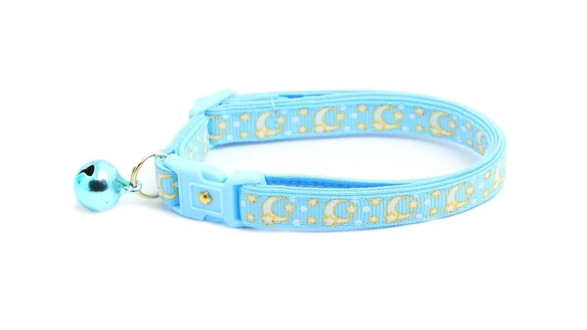 Gold Moons and Stars on Powder Blue Cat Collar - Image 2