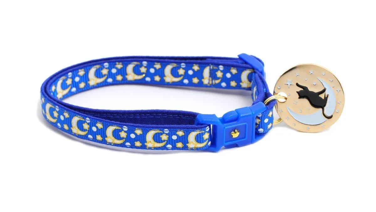 Gold Moons and Stars on Sapphire Blue Cat Collar - Image 2