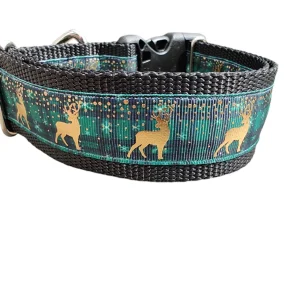 Green Plaid Deer 1.5" Wide Nylon Dog Collar