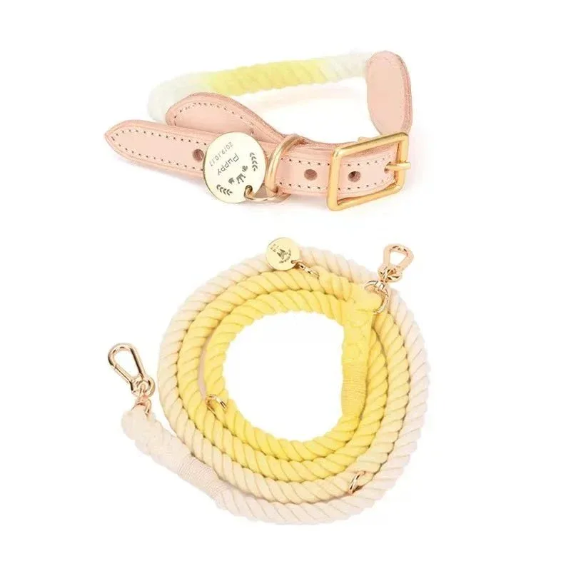 Hands-Free Rope Dog Leash and Luxe Royal Leather Dog Collar Bundle, Lemon Squeeze