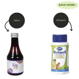Intas Zipvit Multi Vitamin Supplement (200ml) and Venkys Gutwell Pre & Probiotics Gut Health Powder (100g) for Dogs and Cats Combo