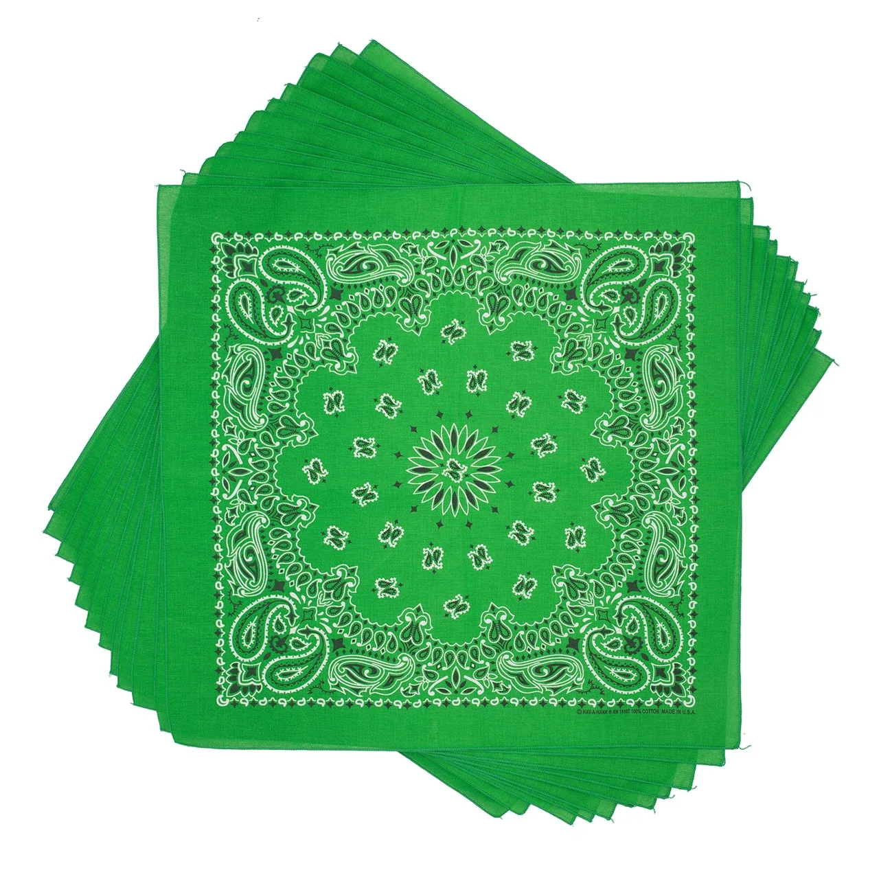 Kelly Green Paisley Bandana, 22 inch, 12 Pack