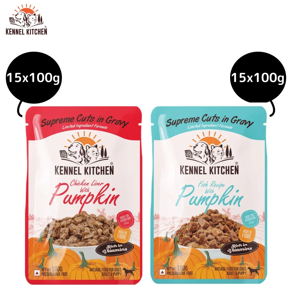 Kennel Kitchen Supreme Cuts Chicken Liver with Pumpkin and Fish with Pumpkin Gravy Adult & Puppy Dog Wet Food (All Life Stage) Combo