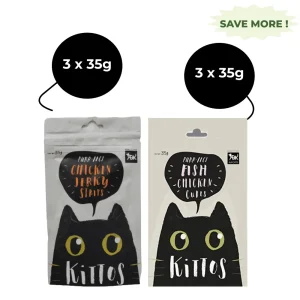 Kittos Purr Fect Chicken Jerky Strips and Fish Chicken Cubes Cat Treats Combo (3+3)