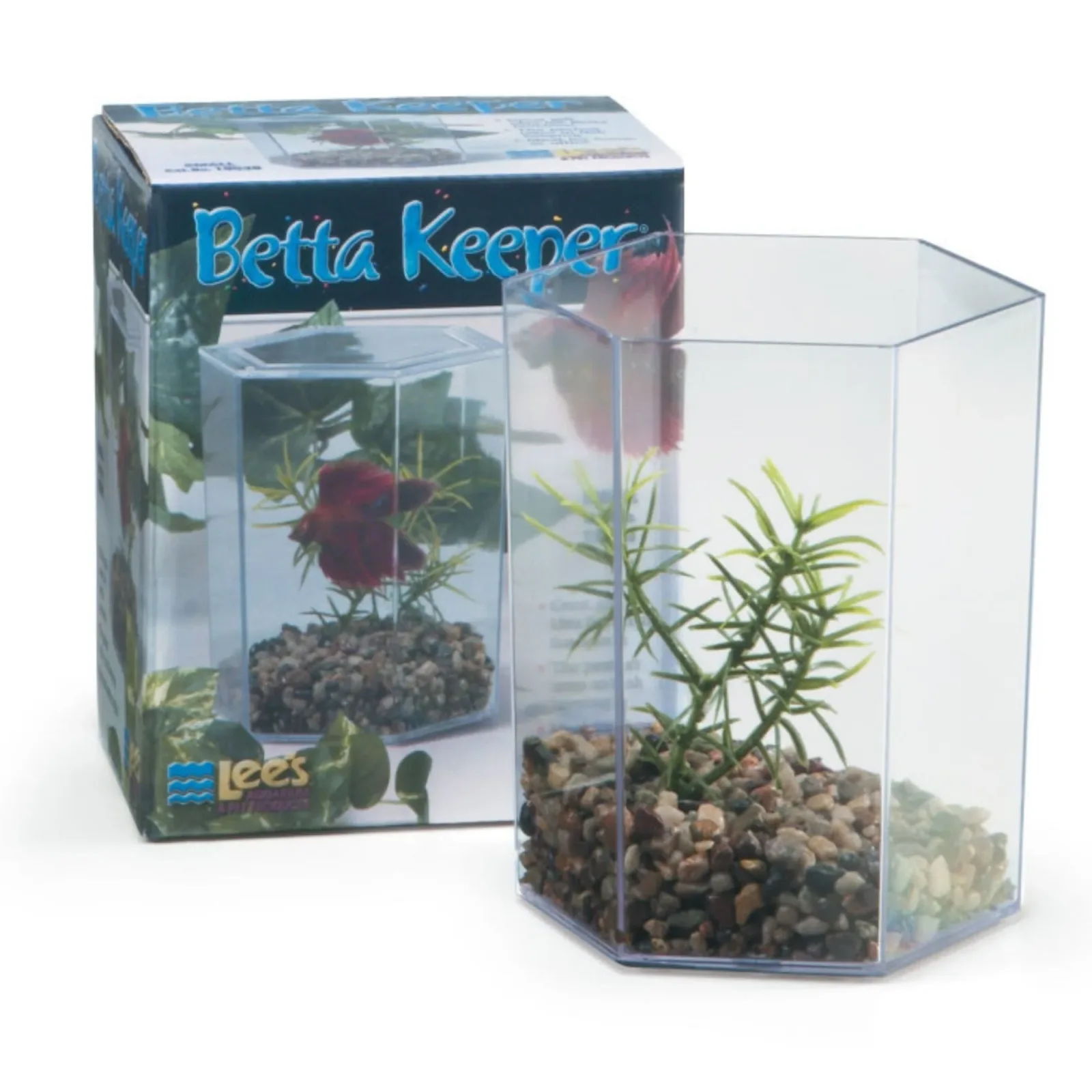 Lee's Aquarium & Pet Products Betta Keeper with Lid Aquarium Gravel and Plant, Clear, 24 oz