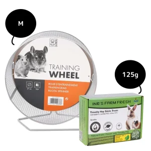 M Pets Training Wheel For Hamsters and INR'S Farm Fresh Timothy Hay Natural Fruits and Flower Stick Treats for Small Animals Combo