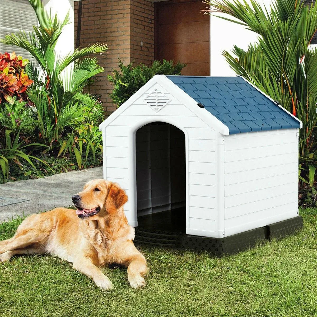 Medium size Outdoor Heavy-Duty Blue and White Plastic Dog House - Image 2