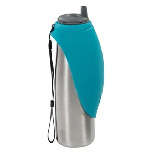 Messy Mutts Dog Double Stainless Travel Water Bottle Silicone Flip Bowl, 20 oz 600 mL Blue