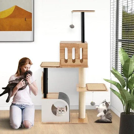 Modern Tall Cat Tower with Double Condos with Dangling Balls and Sisal Carpets-Natural - Image 2