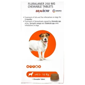 MSD Animal Health Bravecto 250mg (Fluralaner) Dog Tick & Flea Control Tablet (4.5 to 10 kg) (1 tablet)