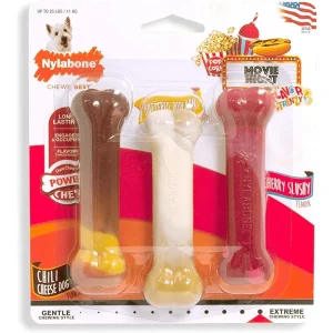 Nylabone Chili Cheese,Buttered Popcorn and Cherry Slushy Flavoured Triple Power Chew Frenzy Bone Toy for Dogs (Yellow, Brown, Beige, Red)